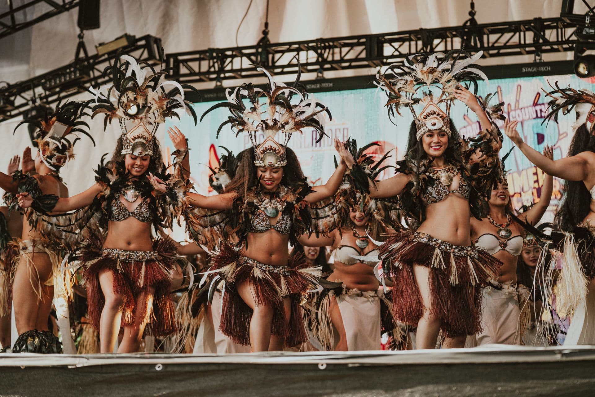 A packed stage full of Hiva Katoa dancers